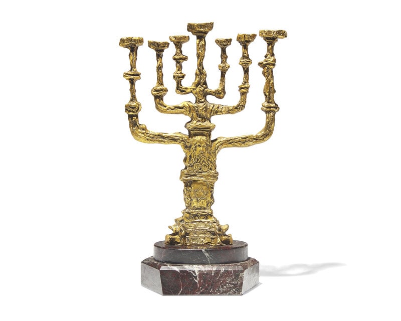 Salvador Dali (Spanish, 1904-1989) Peace Menorah (Gold), 1981: Salvador Dali (Spanish, 1904-1989) Peace Menorah (Gold), 1981 bronze with gold patina incised with signature, and stamped H.C. to base (aside from an edition of 500) height: 20 in. This lot i