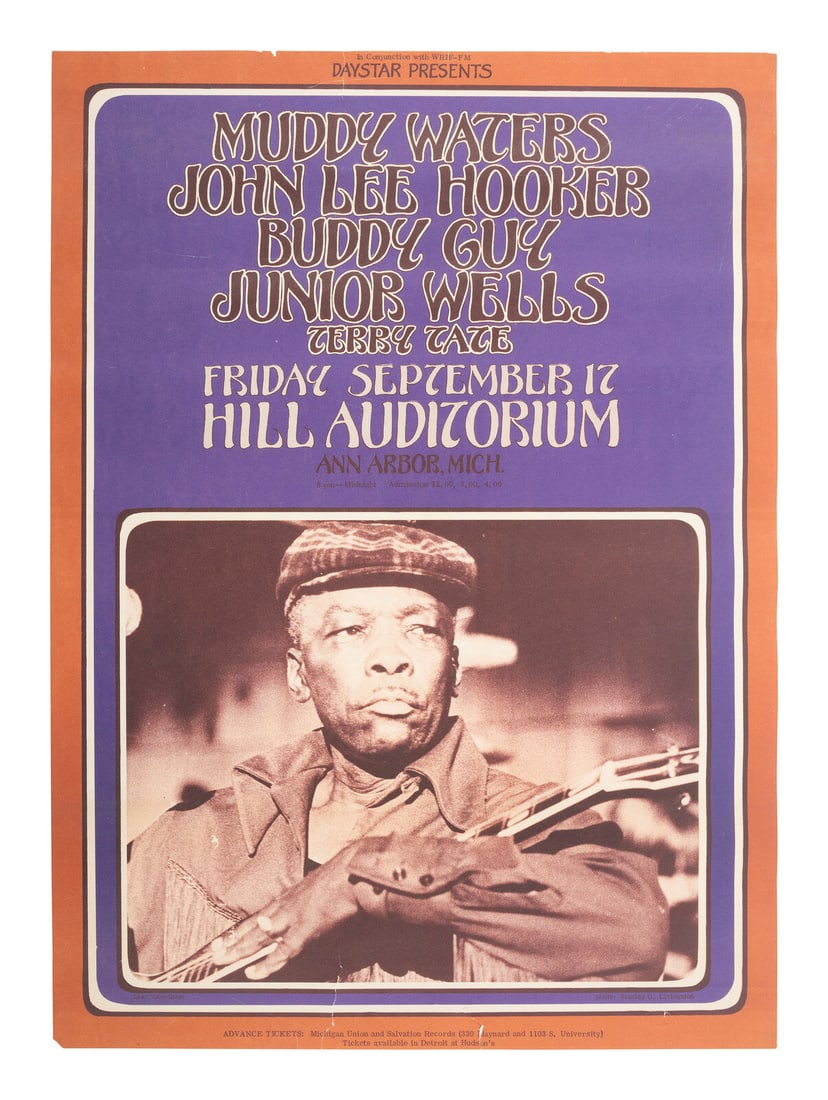 [MUSIC]. A group of 2 posters promoting performances by Muddy Waters, John Lee Hooker, B.B. King, (1 of 2)