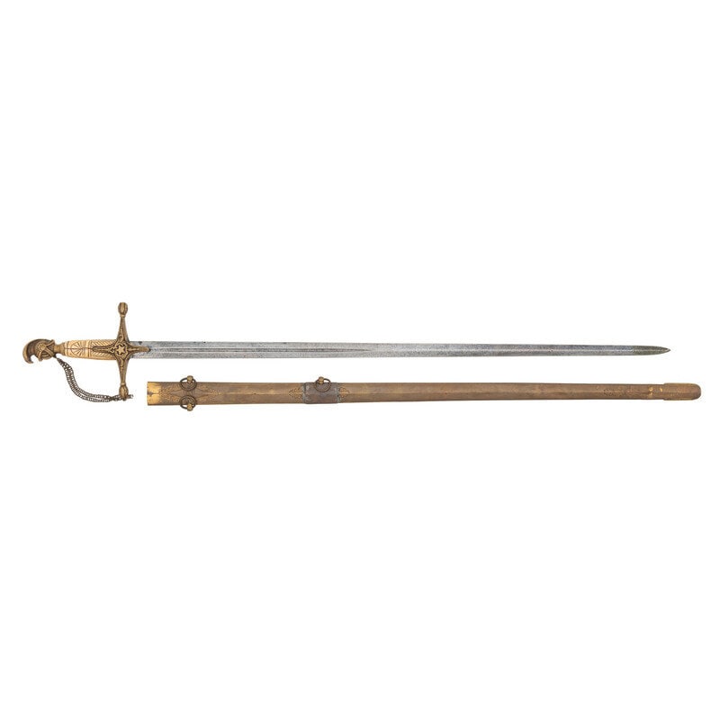 Ames Knight's Head Militia Officer's Sword : Ames Knight's Head Militia Officer's Sword Mexican American War 31.25" blade length. 37.75" overall with scabbard and hilt. Acid etched double edged fullered blade with brass cruciform guard and knigh