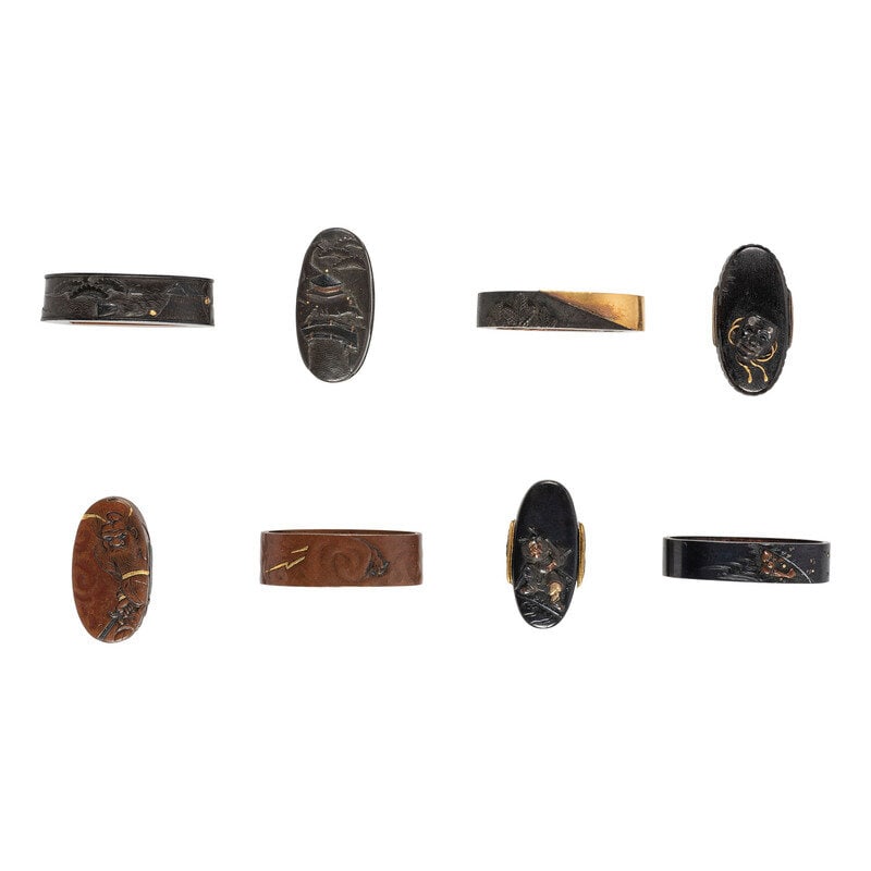 Lot of Four Fuchi and Kashira Sets with Shoki and Oni Motifs: Lot of Four Fuchi and Kashira Sets with Shoki and Oni Motifs 1.) Shakudo fuchi and kashira with gold and copper inlays depicting Japanese temples on the promontory (kashira) and on the coastline (fuch