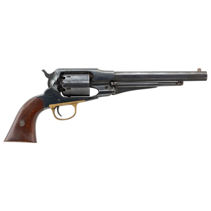 Refurbished Remington New Model Army Revolver: Refurbished Remington New Model Army Revolver American Civil War .44 Cal. 8" barrel length. SN: 105847. Re-blued metal finish with brass triggerguard mounting two-piece varnished walnut grips in addit