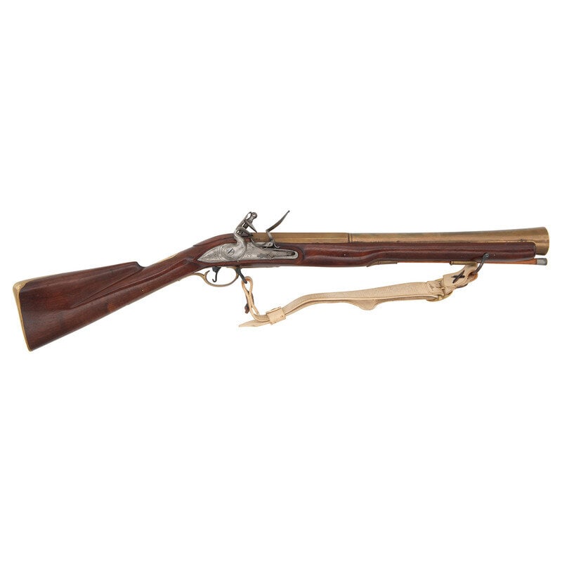 Contemporary Blunderbuss in the Style of Royal Navy Grice Blunderbuss: Contemporary Blunderbuss in the Style of Royal Navy Grice Blunderbuss About 1" bore. 20" barrel length. SN: NSN. Brass barrel and fittings set in a walnut straight wrist stock with pinned forend, full