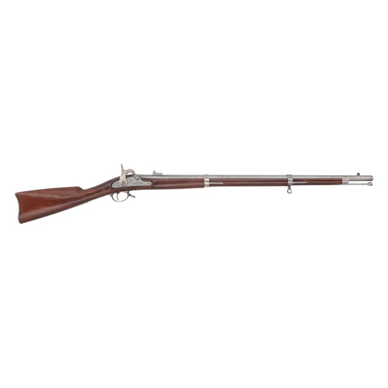 Reproduction U.S. Model 1861 Rifle: Reproduction U.S. Model 1861 Rifle .58 caliber. 33.5" barrel length. SN: 23899. Bright metal finish. Straight grip walnut stock. Percussion rifle with two leaf folding notch rear sight and lug blade f