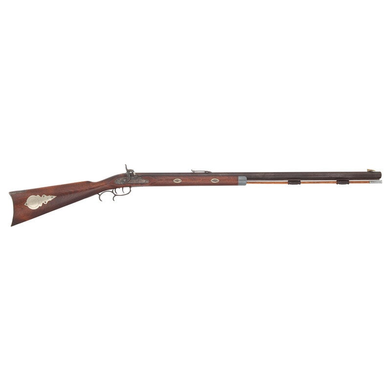 CVA Replica Hawken Rifle: CVA Replica Hawken Rifle .45 caliber. 32" heavy octagonal barrel. SN: 9977. Browned metal finish. Walnut half stock has a plain straight grip and carved cheek rest to left side, with pewter forend cap