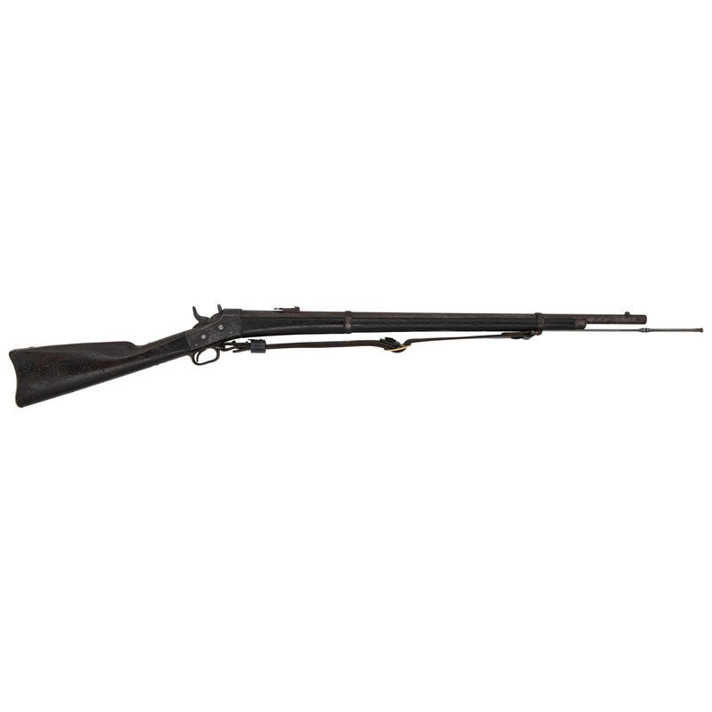 US Springfield Model 1870 Navy Rolling Bock Rifle: US Springfield Model 1870 Navy Rolling Bock Rifle Indian Wars .50-70. 32.5" barrel length. SN: NSN. Dark brown patina overall in walnut straight wrist stock with full length upper handguard secured by