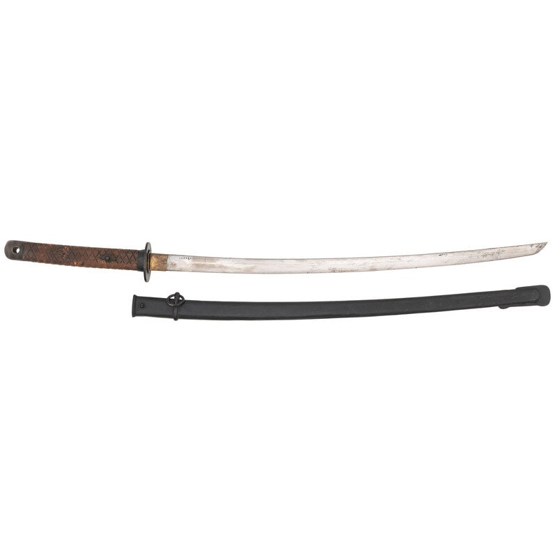 Japanese 1945 NCO Shin Gunto: Japanese 1945 NCO Shin Gunto 26.5" nagasa. Shinogi-zukuri machine made blade in late war 1945-style NCO shin-gunto mounts including a checkered wood hilt, iron fittings, and a black painted iron scabb