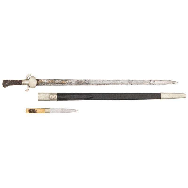 Etched Blade German Silver Mounted Hirschfanger: Etched Blade German Silver Mounted Hirschfanger 25.5" blade length. 30.75" overall with scabbard and hilt. Straight single edged blade with single fullers running 20.5" of its length, and a 5" false e