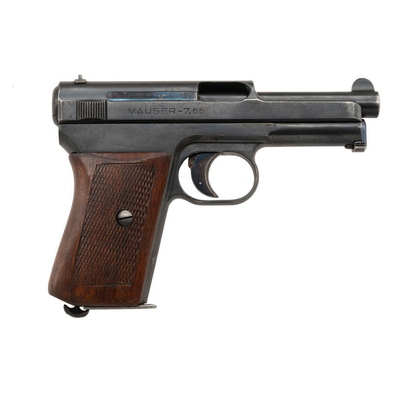 **Mauser Model 1914 Post-War Fourth Variant: **Mauser Model 1914 Post-War Fourth Variant .32 ACP. 3.4" barrel length. SN: 449447. Blued metal finish with niter blued trigger mounting checkered walnut grips and half moon front blade with drift ad