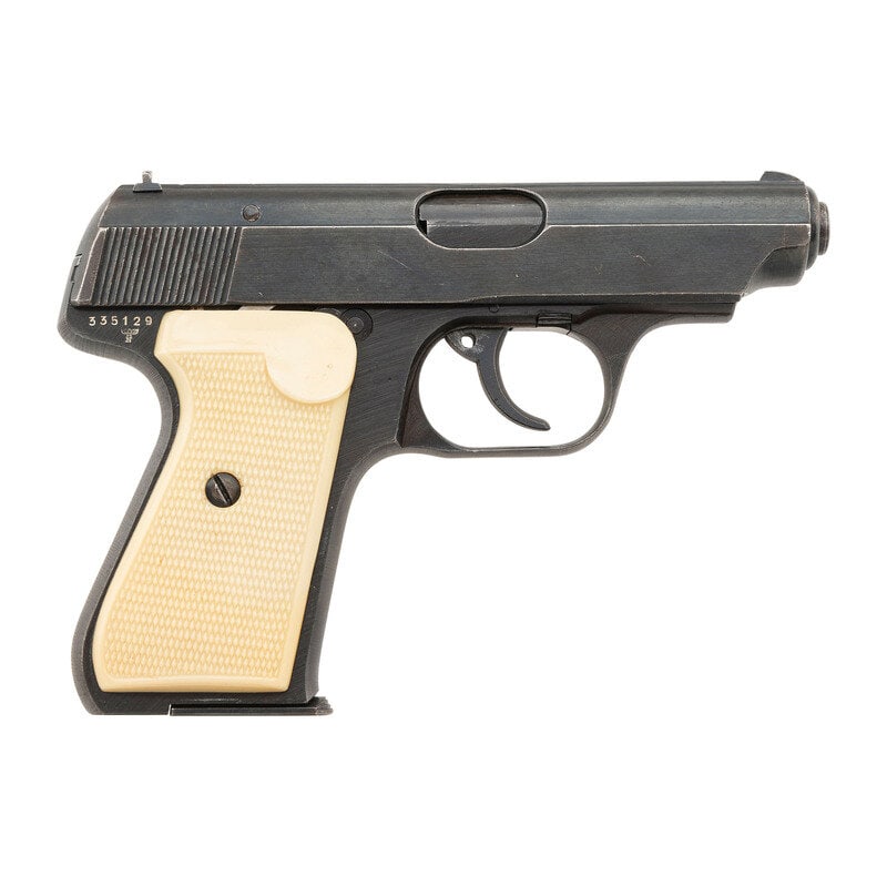 **Sauer 38 H Third Variation No Safety Lever: **Sauer 38 H Third Variation No Safety Lever .32 ACP. 3.4" barrel length. SN: 335129. Blued military finish to metal parts mounting aftermarket FRANZITE synthetic ivory grips and standard drift adjust