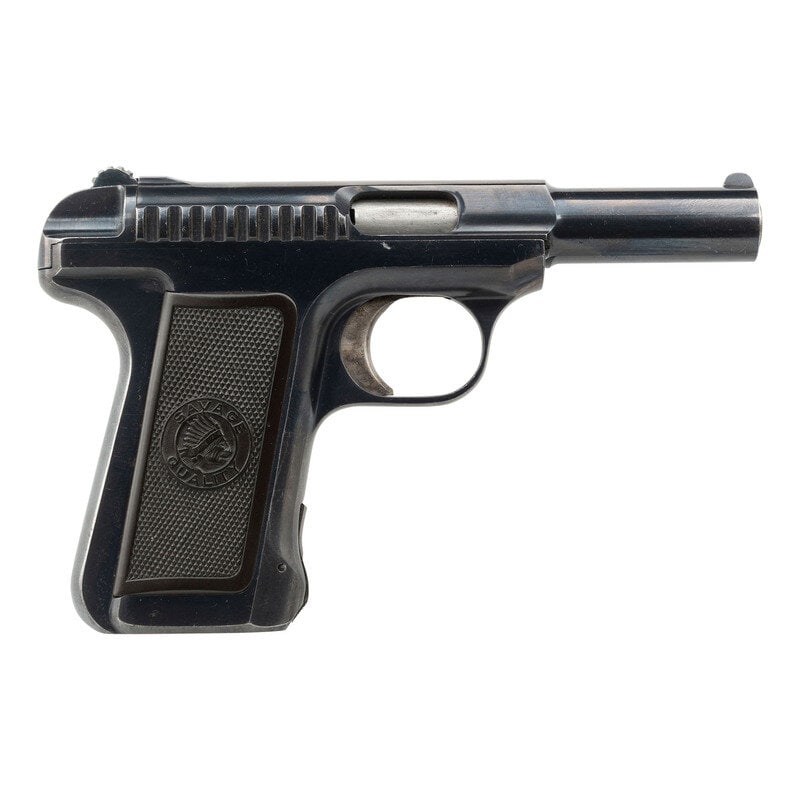 **Savage Model 1907 no Magazine: **Savage Model 1907 no Magazine .32 ACP. 3.75" barrel length. SN: 183591. Blued metal finish with polished trigger mounting two piece SAVAGE/QUALITY logo grips and standard fixed front blade and rear 