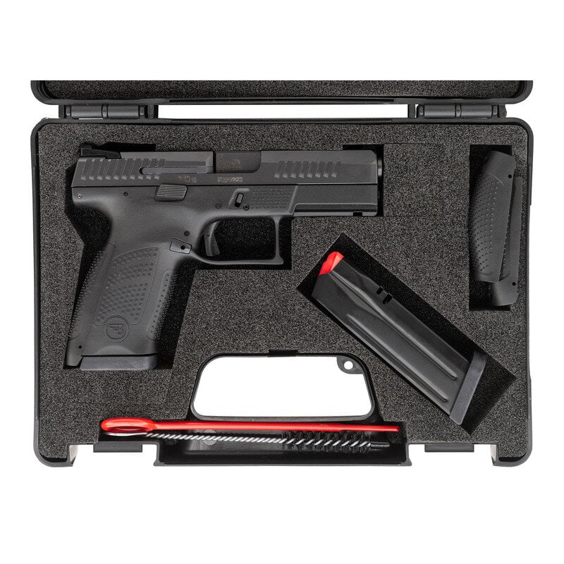 *CZ P-10C in Box with Accessories: *CZ P-10C in Box with Accessories 9mm Para. 4.02" barrel length. SN: F299222. Black Nitride finish overall mounting black synthetic frame with accessory rail to the forward frame and interchangeable b