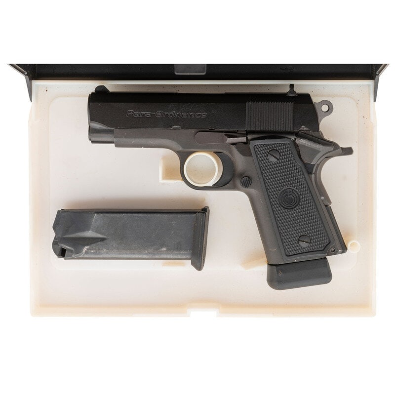 *Para-Ordnance P12.45 in Case: *Para-Ordnance P12.45 in Case .45 ACP. 3.5" length. SN: RK8546. Black Para Kote finish to slide with black Parkerized frame mounting checkered black synthetic Para Ordnance logo grips. Short-recoil op