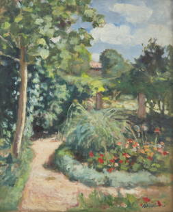 Albert André (French, 1869-1954) Parterre Fleuri dans un Jardin, 1942: Albert André (French, 1869-1954) Parterre Fleuri dans un Jardin, 1942 Oil on canvas Signed Albert André (lower right); also inscribed with artist, title and date (on a label on stretcher on the reve