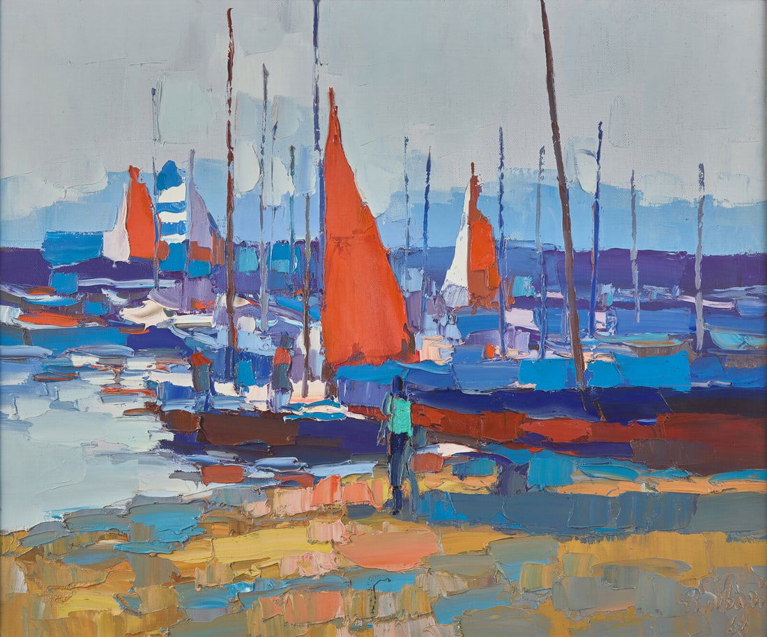 Nicola Simbari (Italian, 1927-2012) The Red Sails, 1968: Nicola Simbari (Italian, 1927-2012) The Red Sails, 1968 Oil on canvas Signed Simbari and dated (lower right) 19 7/8 x 23 7/8 in. (50.5 x 60.6cm) This lot is located in Philadelphia. Private Collection