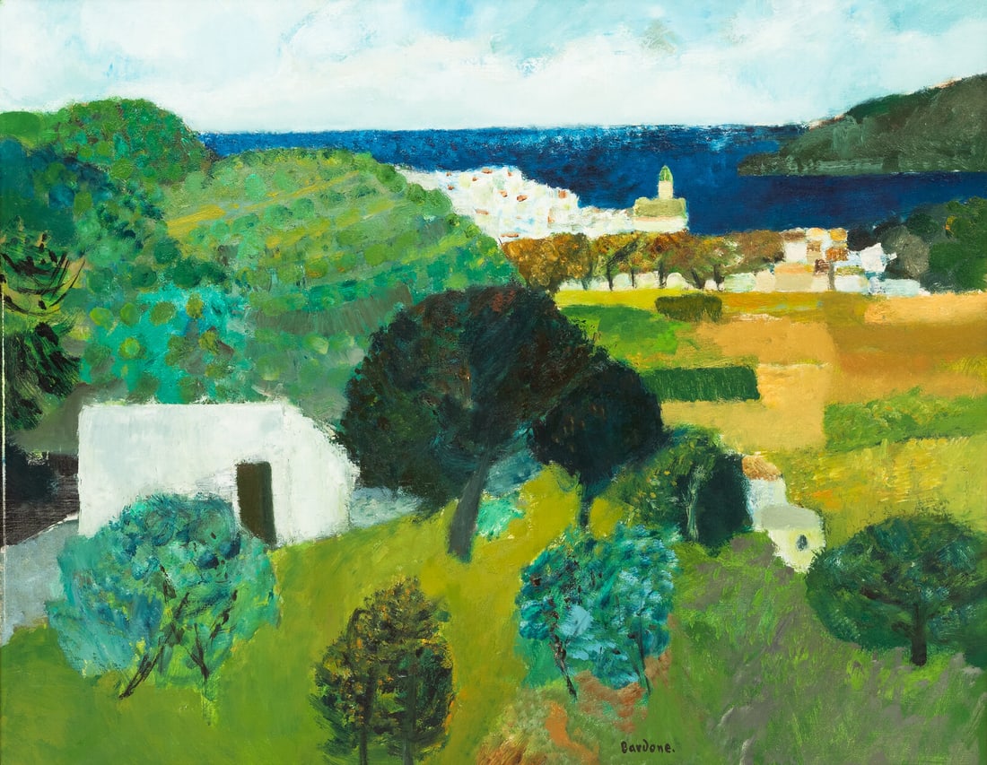 Guy Bardone (French, 1927-2015) Alumunecar à la Mer Bleue, 1964: Guy Bardone (French, 1927-2015) Alumunecar à la Mer Bleue, 1964 Oil on canvas Signed Bardone. (lower center); also signed, titled twice, and dated (on canvas reverse and stretcher) 28 3/4 x 36 1/4 in