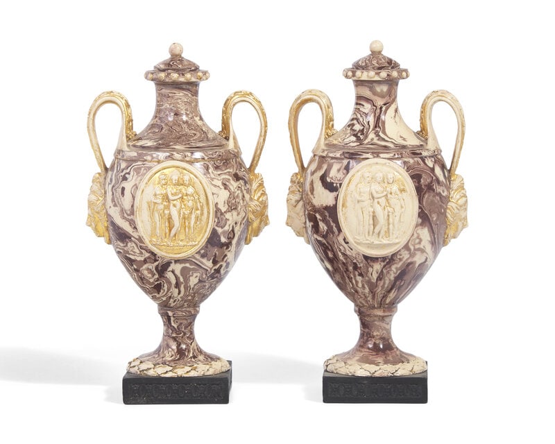 A Pair of Wedgwood and Bentley Agateware Covered Urns with Applied Intaglios (1 of 5)