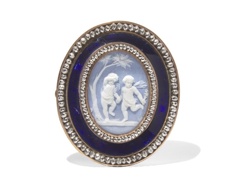 A Brass, Guilloché Enamel and Marcasite Brooch with Inset Wedgwood Jasperware Cameo Buckle (1 of 2)