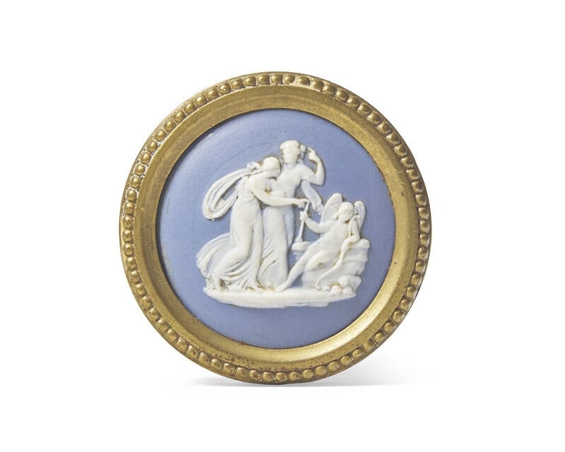 A Brass Doorknob with Inset Wedgwood Jasperware Medallion: A Brass Doorknob with Inset Wedgwood Jasperware Medallion 19th/20th Century Width 5 1/4 x diameter of handles 2 3/8 inches. Property from the Collection of Dr. Ellis F. Rubin and Suzanne