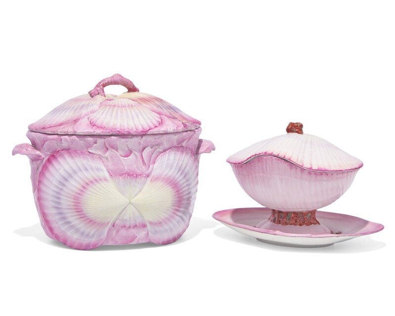 Two Wedgwood Wreathed Shell Pearlware Serving Articles: Two Wedgwood Wreathed Shell Pearlware Serving Articles Late 19th Century comprising a covered tureen and a covered sauce boat with underplate, each impressed Wedgwood to underside. He