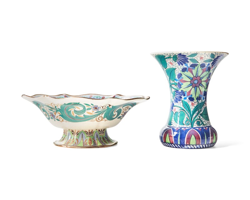 A Wedgwood Polychrome Painted Queensware Bowl and Vase (1 of 4)