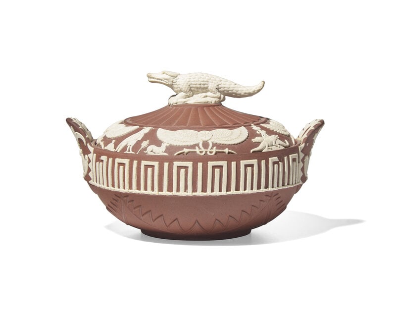 A Wedgwood Egyptian Revival Rosso-Antico Covered Sugar Bowl : A Wedgwood Egyptian Revival Rosso-Antico Covered Sugar Bowl Circa 1805 having a crocodile-form finial; impressed Wedgwood to underside. Height 3 1/4 x width 5 1/4 inches. Pro
