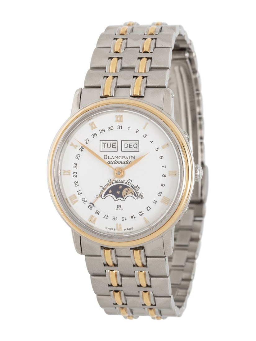 BLANCPAIN, STAINLESS STEEL AND 18K YELLOW GOLD 'VILLERET' TRIPLE CALENDAR MOONPHASE WATCH, BOX &: BLANCPAIN, STAINLESS STEEL AND 18K YELLOW GOLD 'VILLERET' TRIPLE CALENDAR MOONPHASE WATCH, BOX & PAPERS Maker: Blancpain Model: Villeret Reference number: 3142 Serial number: 1566496 Year: Circa 1980s