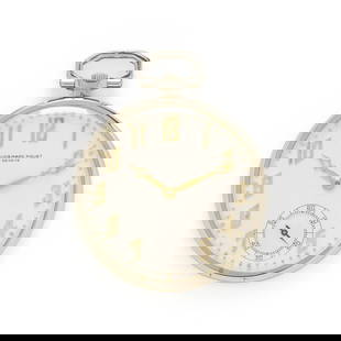 AUDMARS PIGUET, 18K BICOLOR GOLD POCKET WATCH: AUDMARS PIGUET, 18K BICOLOR GOLD POCKET WATCH Maker: Audemars Piguet Year: Circa 1950s Case size: Approx. 40 mm Case material: 18K white and yellow gold with personalized engraving Dial: Cream Movemen