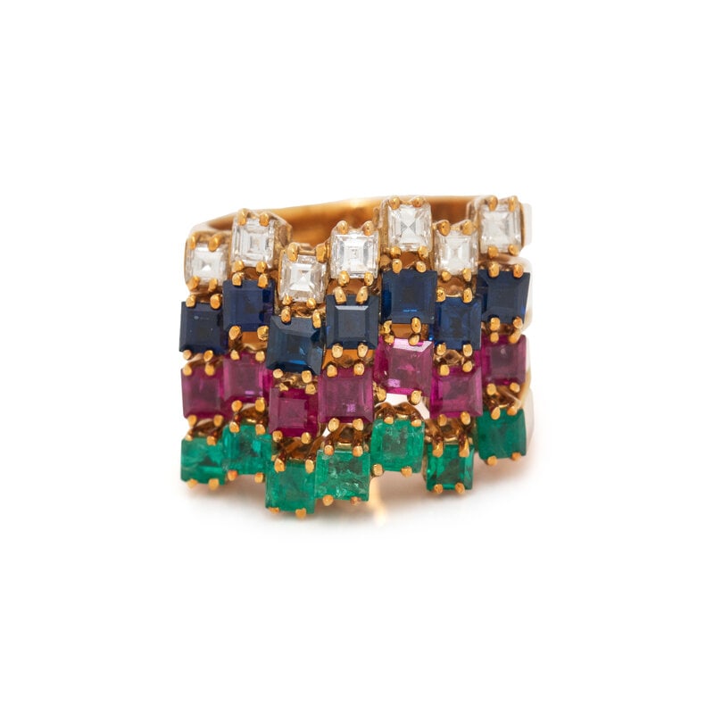 DIAMOND, RUBY, EMERALD, AND SAPPHIRE STACKABLE RINGS: DIAMOND, RUBY, EMERALD, AND SAPPHIRE STACKABLE RINGS Including four rings, respectively set with square step cut emerald, ruby, sapphire, and square step cut diamonds weighing approximately 0.70 carat