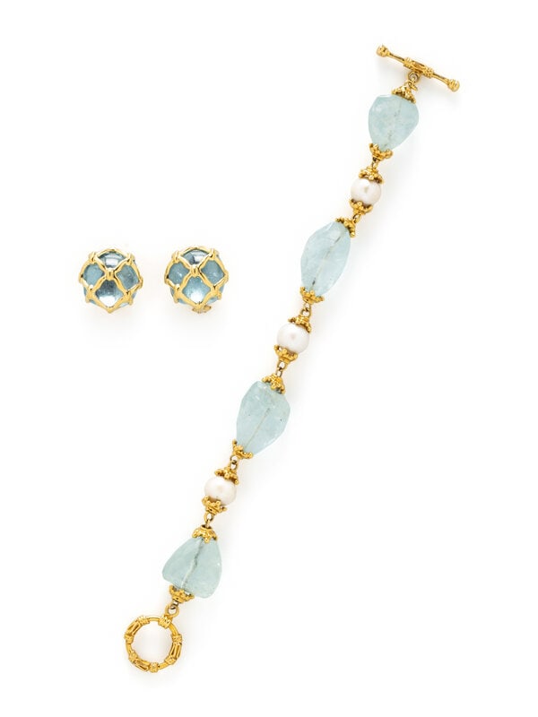 MAZ, COLLECTION OF YELLOW GOLD AND GEMSTONE JEWELRY: MAZ, COLLECTION OF YELLOW GOLD AND GEMSTONE JEWELRY Including a bracelet set with asymmetrical faceted aquamarine beads and cultured pearls measuring approximately 9.85 - 10.25 mm, and a pair of clip