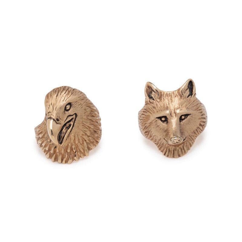 COLLECTION OF YELLOW GOLD RINGS: COLLECTION OF YELLOW GOLD RINGS Including a wolf and an eagle. 14 karat yellow gold. Ring sizes 4 1/4 and 4 3/4. Wolf ring stamp: 14K. Wolf ring engraved: Barclay (obscured) 1996 14K. Eagle ring stamp