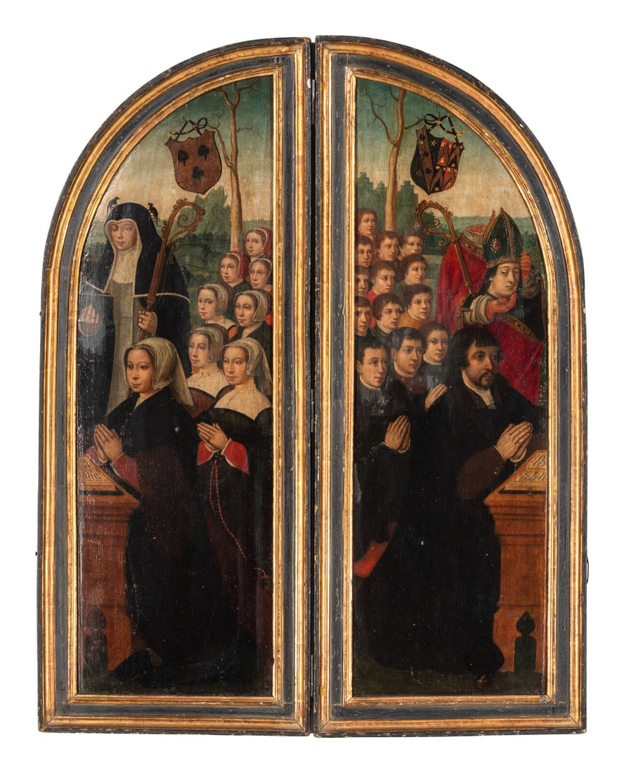 Circle of Ambrosius Benson (Flemish, born c.1495-1550) Donors in Prayer, Accompanied by their: Circle of Ambrosius Benson (Flemish, born c.1495-1550) Donors in Prayer, Accompanied by their Family, Saint Catherine of Siena, and Saint Denis oil on panel, two wings of a triptych each panel: 31 1/2