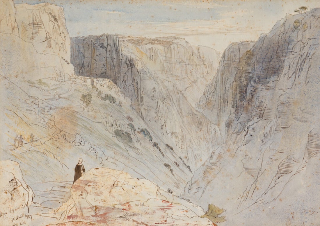 Edward Lear (British, 1812-1888) Agia Paraskevi, 1857: Edward Lear (British, 1812-1888) Agia Paraskevi, 1857 pen and brown ink and watercolor over traces of pencil on paper inscribed lower left Agia Paraskevi / 13 April 1857 / 11 1/2 AM (lower left); furt