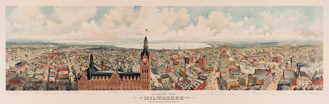 [MAPS & VIEWS]. Panoramic View of Milwaukee Wis. Taken from City Hall Tower. Milwaukee, 1898. (1 of 2)