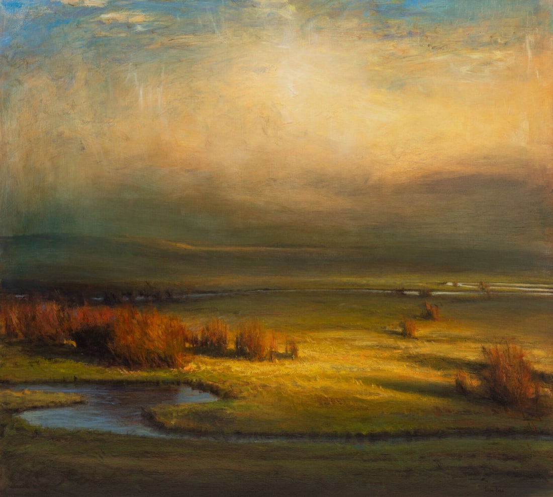 Gordon Brown (American, b. 1962) Mountain Valley Landscape: Gordon Brown (American, b. 1962) Mountain Valley Landscape oil on board signed Gordon Brown (lower right) 40 x 43 3/4 inches This lot is located in Denver. Property from the Collection of Ms. Sandy El