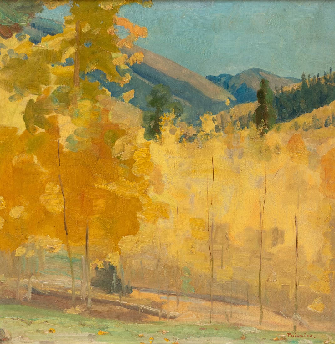 Bert Geer Phillips (American, 1868–1956) Valley of Aspens: Bert Geer Phillips (American, 1868–1956) Valley of Aspens oil on board signed Phillips (lower right) 14 x 14 inches Property from a Private Collection, Virginia