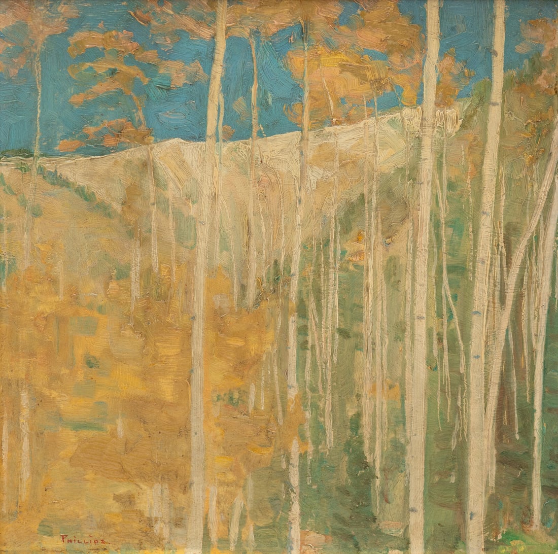 Bert Geer Phillips (American, 1868–1956) Aspen Trees: Bert Geer Phillips (American, 1868–1956) Aspen Trees oil on board signed Phillips (lower left) 14 x 14 inches This lot is located in Denver. Property from a Private Collection, Virginia