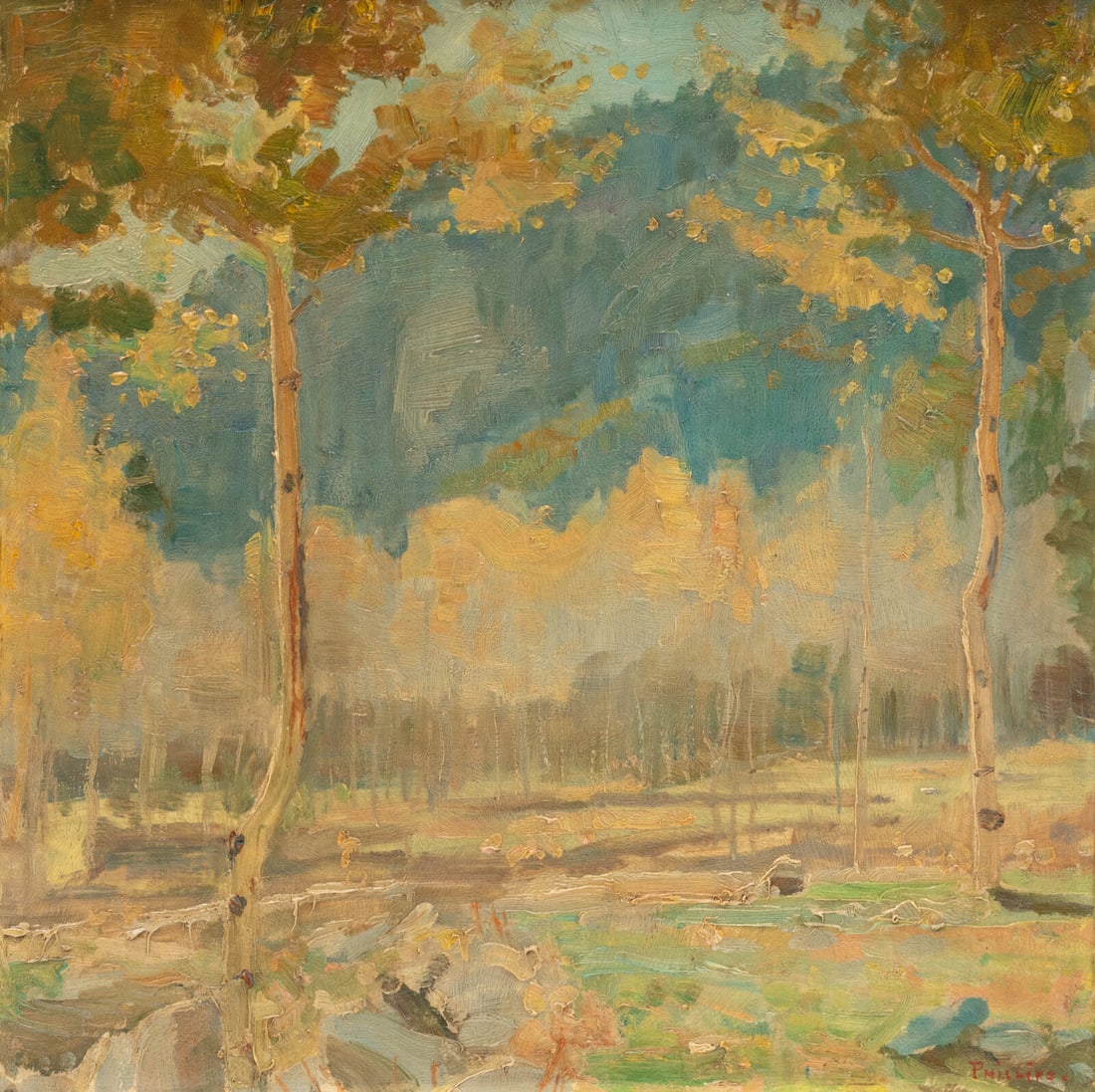 Bert Geer Phillips (American, 1868-1956) The Story of the Beauty of Aspen , 1919: Bert Geer Phillips (American, 1868-1956) The Story of the Beauty of Aspen , 1919 oil on board signed Philips (lower right); titled, dated, and annotated (verso) 14 x 14 inches This lot is located in D