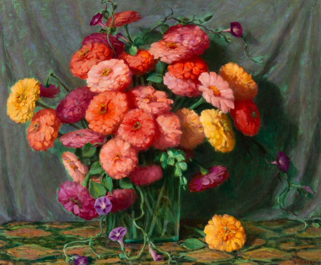 Joseph Henry Sharp (American, 1859-1953) Zinnias: Joseph Henry Sharp (American, 1859-1953) Zinnias oil on canvas signed J.H. Sharp (lower right) 25 x 30 inches Provenance: Biltmore Galleries, Scottsdale, Arizona (label verso)