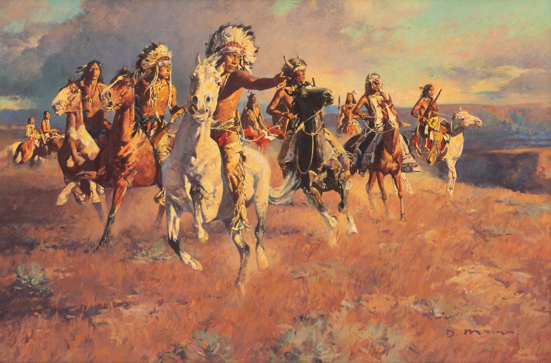 David Mann (American, b. 1948) Approaching Danger: David Mann (American, b. 1948) Approaching Danger oil on canvas signed D. Mann (lower right) 24 x 36 inches This lot is located in Denver. Property from the Collection of a Missouri Company