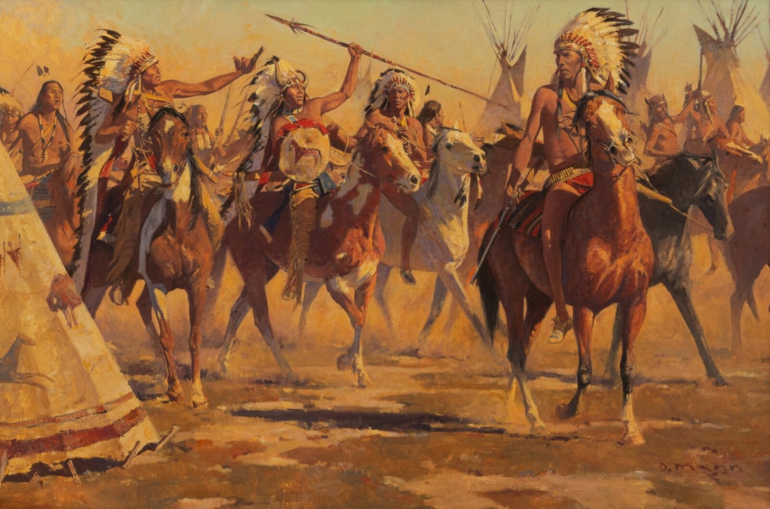 David Mann (American, b. 1948) Warriors Return: David Mann (American, b. 1948) Warriors Return oil on canvas signed D. Mann (lower right) 24 x 36 inches Property from the Collection of a Missouri Company Provenance: Altermann & Morris Galleries