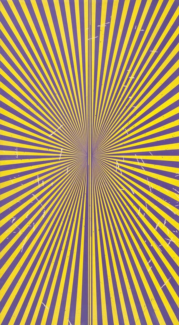 Mark Grotjahn (American, b. 1968) Untitled (Violet and Canary Yellow Butterfly 43.78), 2012: Mark Grotjahn (American, b. 1968) Untitled (Violet and Canary Yellow Butterfly 43.78), 2012 colored pencil on paper 76 x 42 inches. Provenance: Anton Kern Gallery, New York Private Collection, New Yor