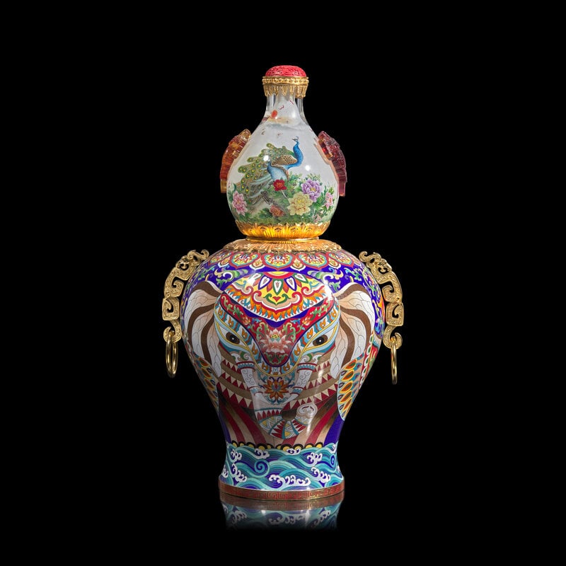 A Massive Chinese Interior-Painted Glass and Cloisonné Enamel Gourd-Form "Snuff Bottle" Ornamen (1 of 8)