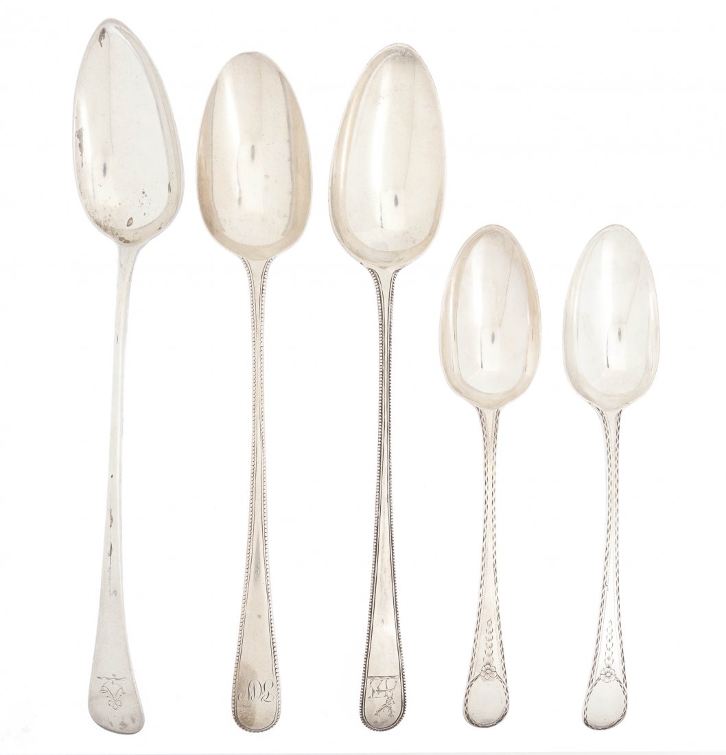 A Collection of Five George III Silver Spoons, Leng: A Collection of Five George III Silver Spoons, comprising a pair of tablespoons with bright cut decoration, William Sumner and Richard Crossley, London, 1781, a stuffing spoon, George Smith (III), Lon