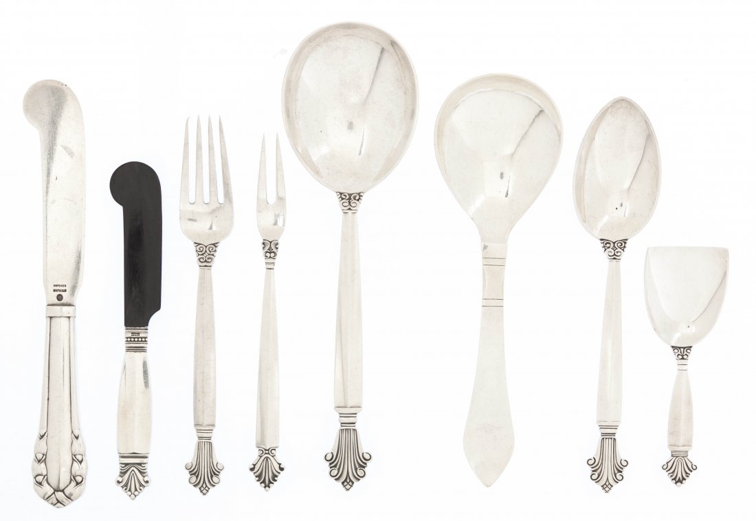 A Collection of Danish Sterling Silver Flatware Ar: A Collection of Danish Sterling Silver Flatware Articles, Georg Jensen, in the Acanthus pattern, comprising a butter server with a horn blade, a serving spoon, a luncheon fork, a tablespoon, a tea sco