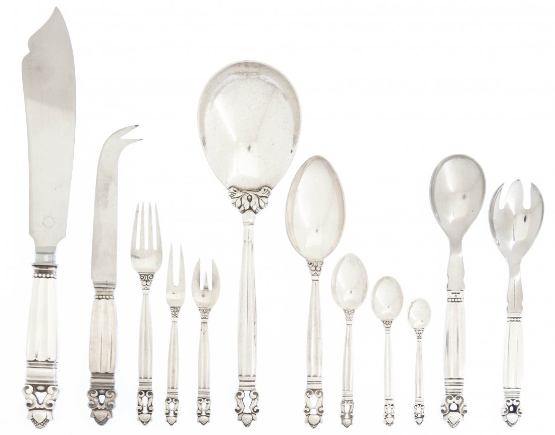 A Collection of Danish Sterling Silver Flatware Ar: A Collection of Danish Sterling Silver Flatware Articles, Georg Jensen, in the Acorn pattern, comprising a serving spoon, three sauce ladles, two tablespoons, a coffee spoon, three mocha spoons, two m