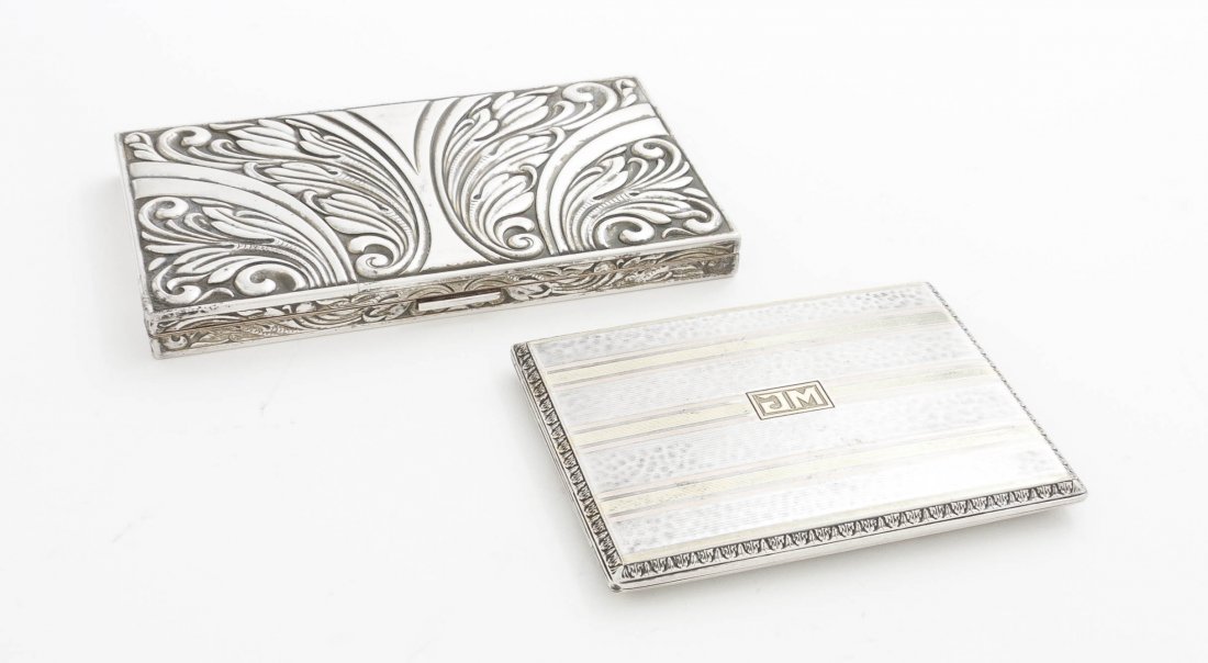 An American Sterling Silver and 14 Karat Gold Ciga: An American Sterling Silver and 14 Karat Gold Cigarette Case, James E. Blake Co., Attlebord, of rectangular form with alternating silver and gold geometric decoration throughout, together with an Evan