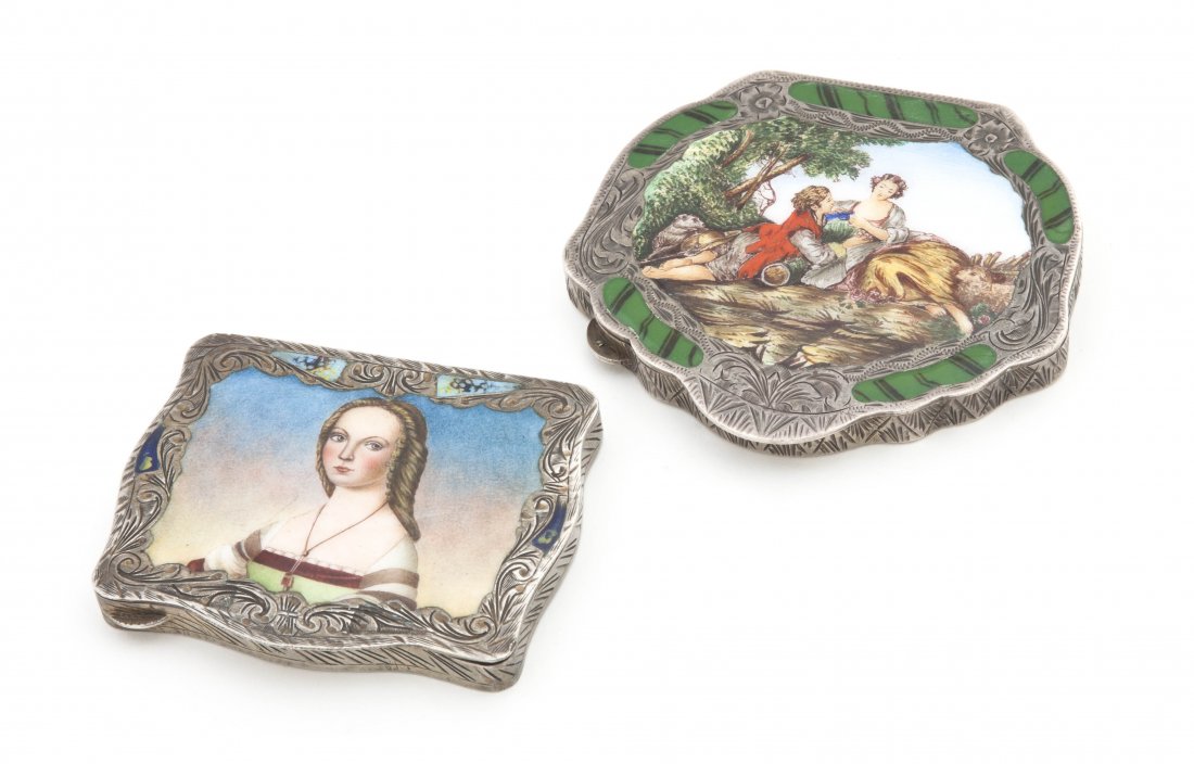 Two Italian Enameled Silver Compacts, Width of fi: Two Italian Enameled Silver Compacts, the first decorated with a courting couple in a landscape, the second with a portrait of a lady. Width of first 3 1/4 inches.