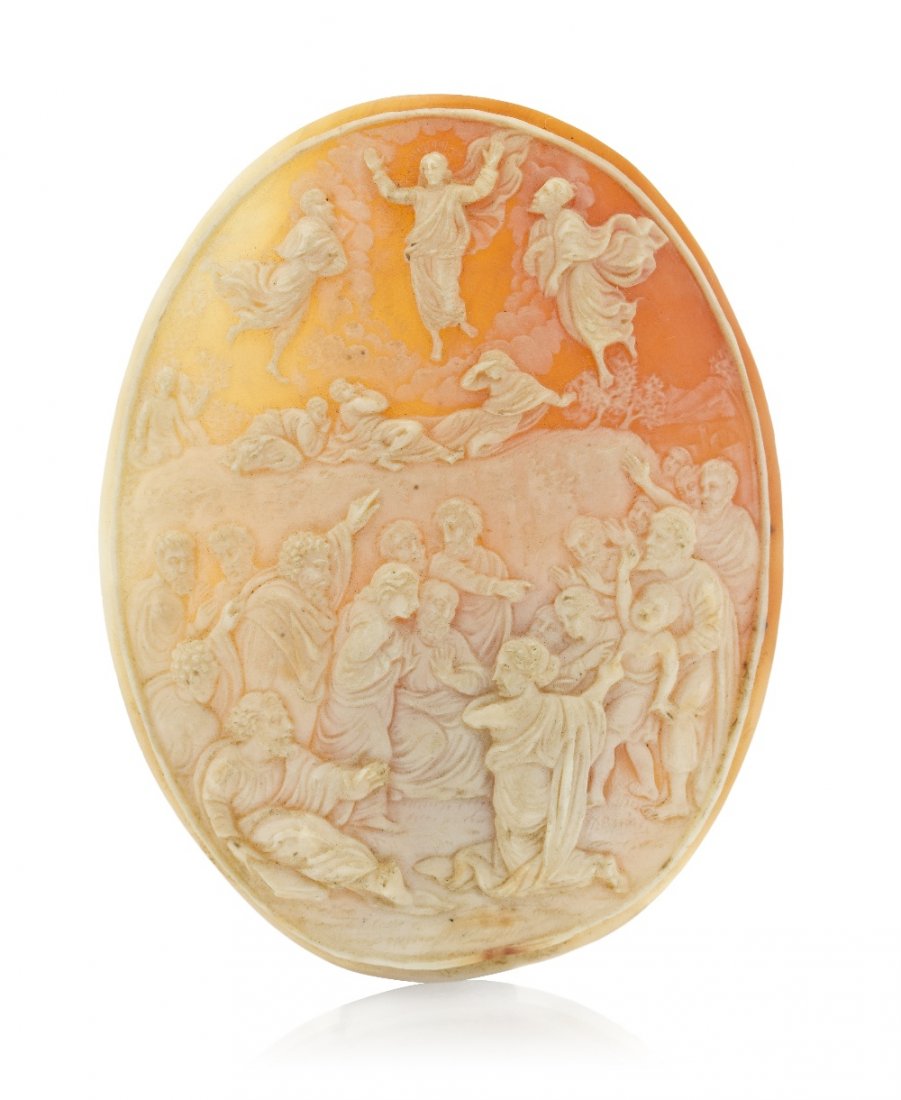 An Antique Shell Cameo Carving,: An Antique Shell Cameo Carving, depicting the Ascension of Christ, measuring approximately 70.00 x 53.50 mm. Property from the Estate of Mr. Charles Andrew Seyferth, Muskegon, Michigan, formerly the C