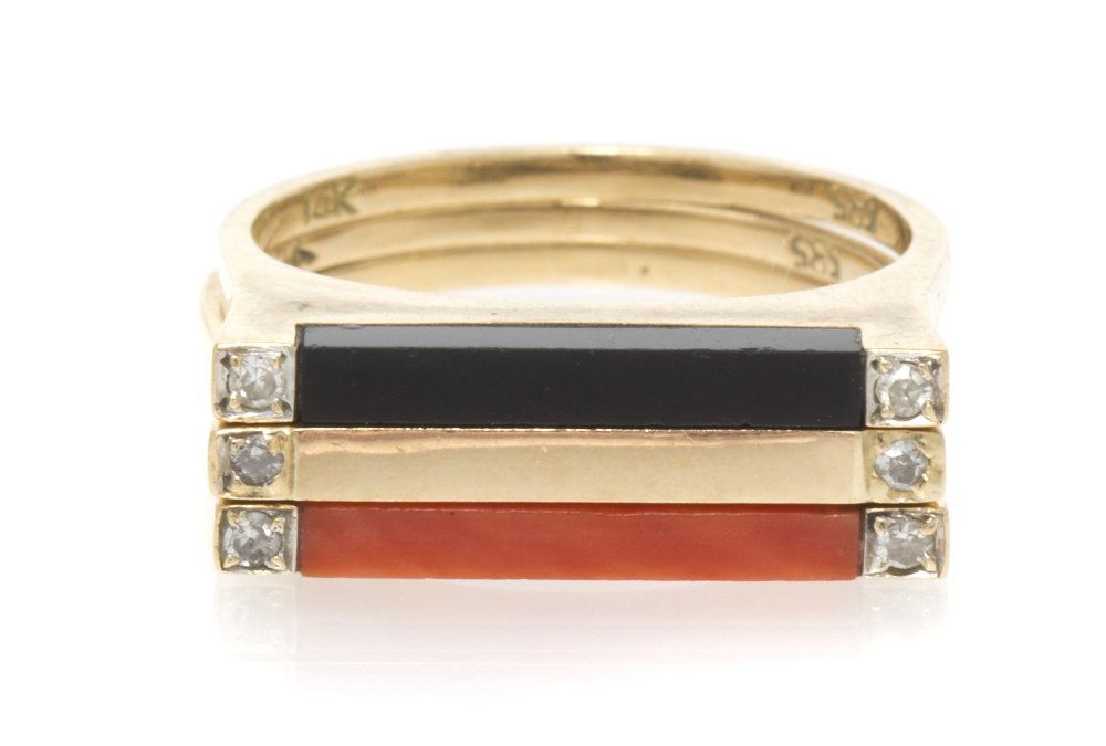 A Group of Vintage 14 Karat Yellow Gold, Coral, On: A Group of Vintage 14 Karat Yellow Gold, Coral, Onyx and Diamond Stacking Rings, consisting of three squared top rings, one in gold, one containing an inset onyx plaque and one containing an inset cor