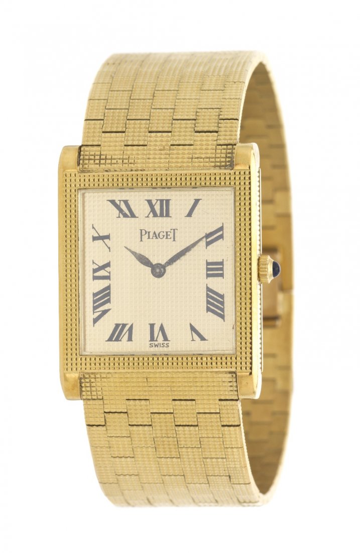 An 18 Karat Yellow Gold Wristwatch, Piaget, 50.30 : An 18 Karat Yellow Gold Wristwatch, Piaget, 22.00 x 22.00 mm case dimensions exclusive of lugs, textured gold dial, Roman numerals, feuille hands, textured bezel, rectangular case with polished lugs, 